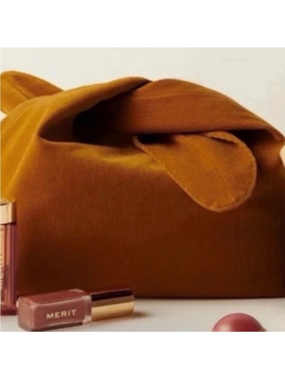 Merit Rust Brown Corduroy Tie Handle Cosmetic Makeup Bag